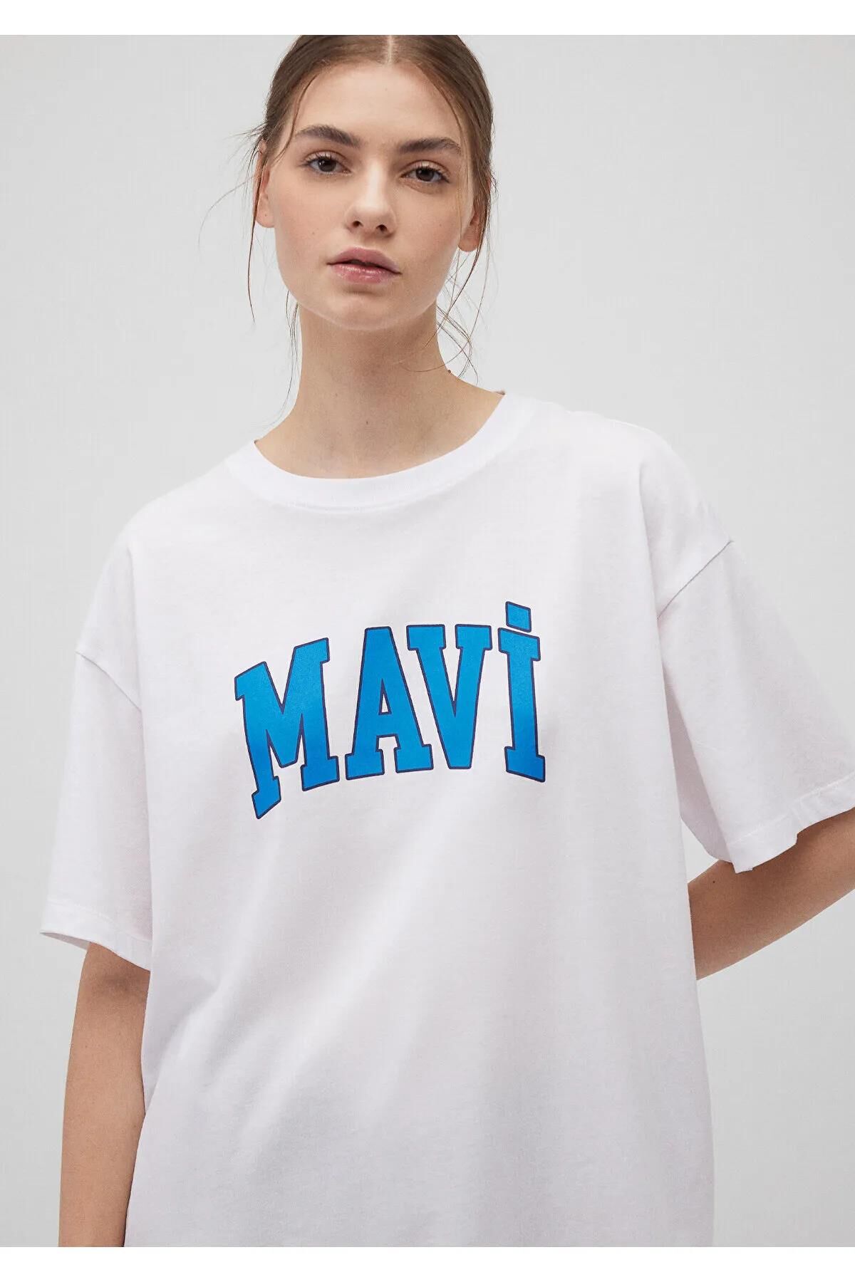 MAVİ BASKILI TİŞÖRT KADIN LOGO T-SHIRT
