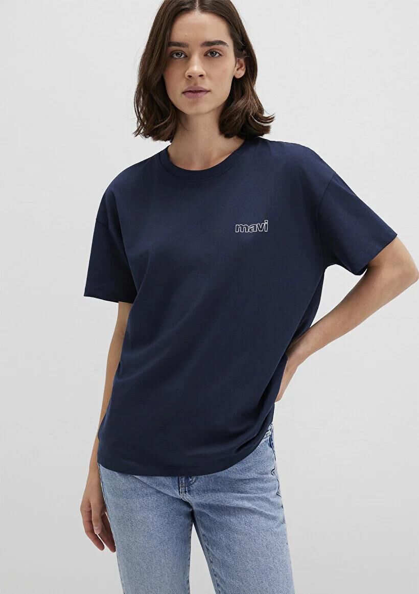 MAVİ KISA KOLLU PENYE KADIN LOGO T-SHIRT