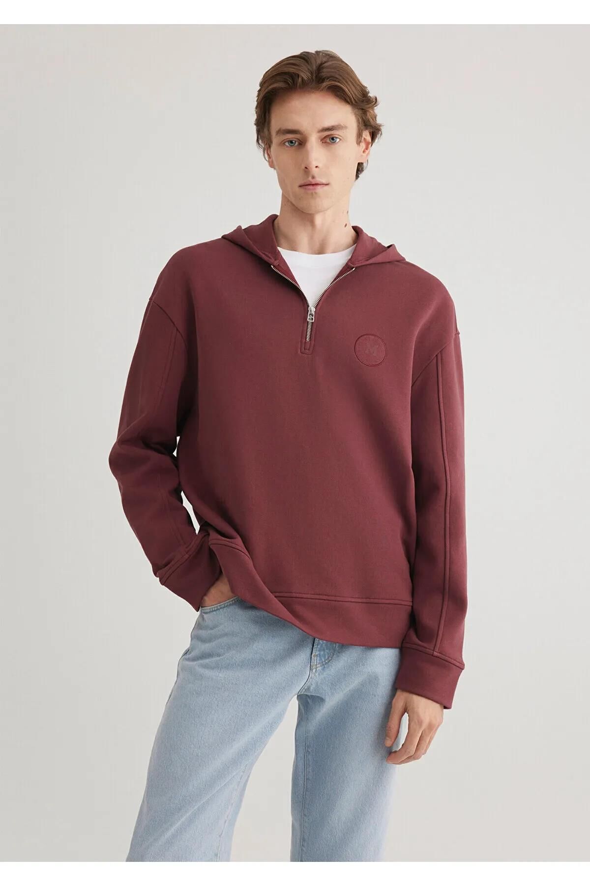 MAVİ HALF ZIP KAPÜŞONLU SWEATSHIRT ERKEK SWEATSHIRT