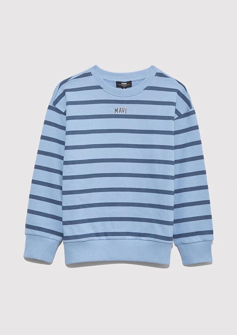 MAVİ LOGO BASKILI ÇİZGİLİ SWEATSHIRT ERKEK ÇOCUK 0 YAKA SWEATSHIRT
