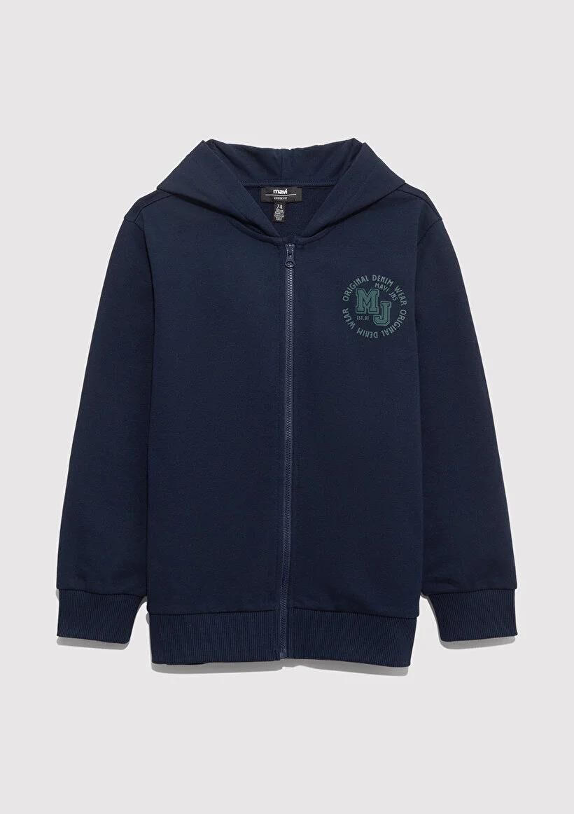 MAVİ MV BASKILI FERMUARLI SWEATSHIRT ERKEK KAPÜŞONLU CEKET