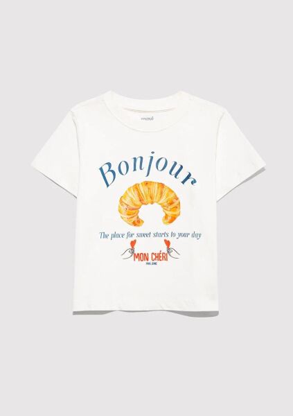 MAVİ BONJOUR BASKILI TİŞÖRT KIZ ÇOCUK MODELLİ PENYE