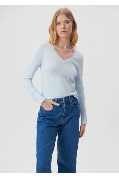 MAVİ V YAKA KAZAK KADIN BASIC KAZAK