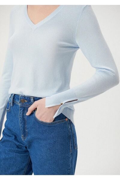 MAVİ V YAKA KAZAK KADIN BASIC KAZAK