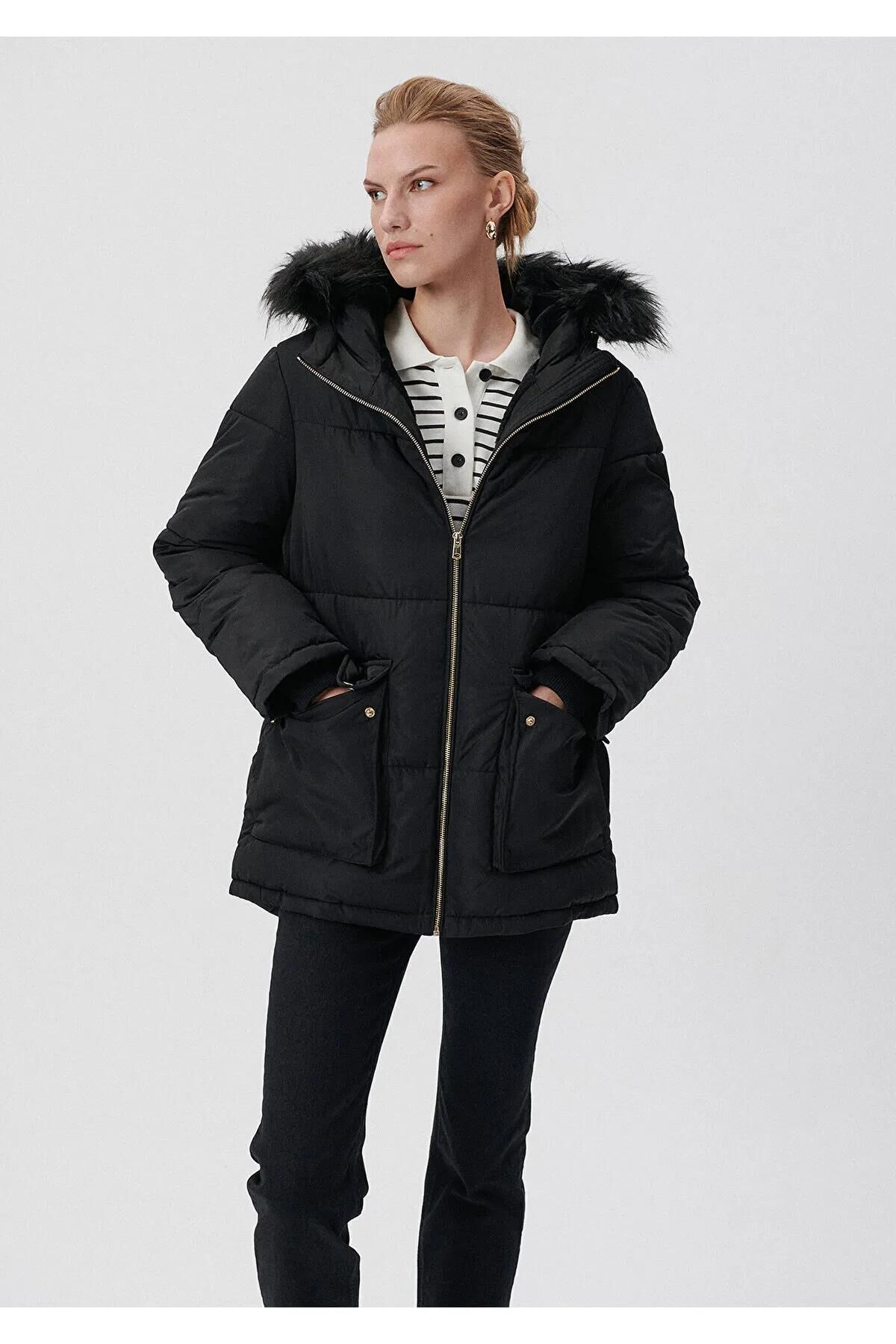 MAVİ KÜRKLÜ MONT KADIN UZUN KABAN