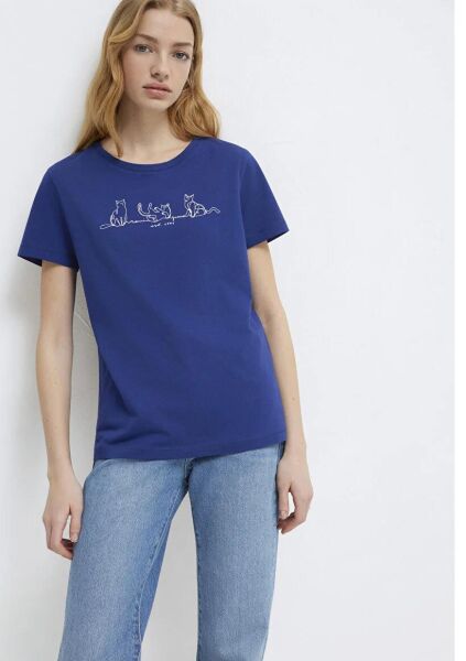 MAVİ KEDİ BASKILI KADIN GRAFİK T-SHIRT