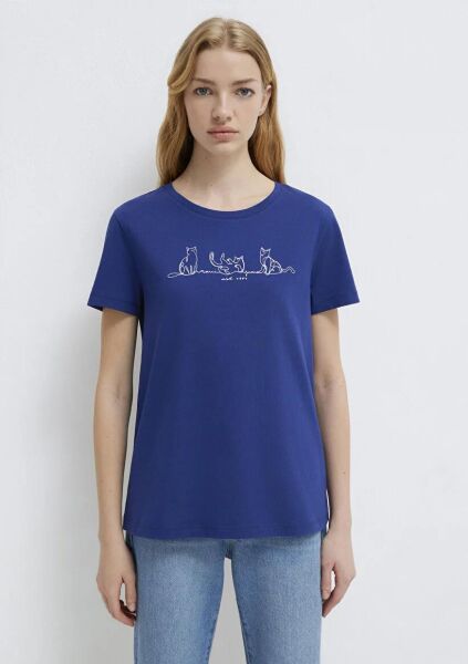 MAVİ KEDİ BASKILI KADIN GRAFİK T-SHIRT