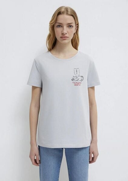 MAVİ KEDİ BASKILI KADIN GRAFİK T-SHIRT