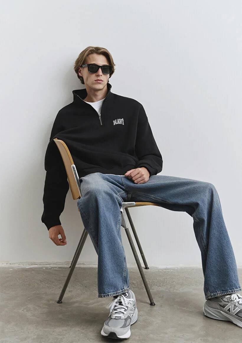 MAVİ YARIM FERMUARLI ERKEK SWEATSHIRT