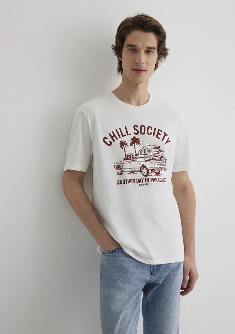MAVİ CHILL SOCIETY TİŞÖRT AÇIK EKRU ERKEK GRAFİK T-SHIRT