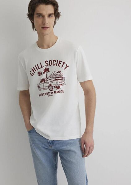 MAVİ CHILL SOCIETY TİŞÖRT AÇIK EKRU ERKEK GRAFİK T-SHIRT