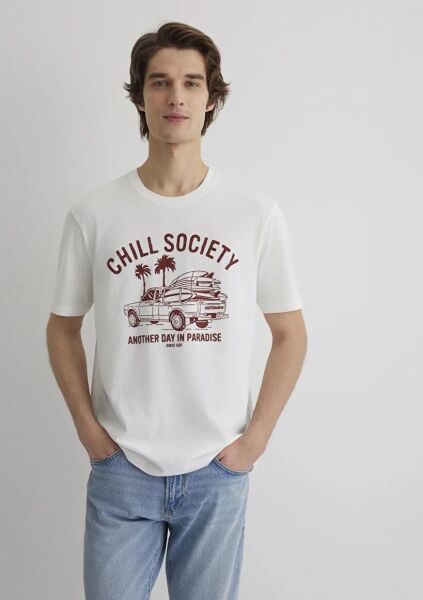 MAVİ CHILL SOCIETY TİŞÖRT AÇIK EKRU ERKEK GRAFİK T-SHIRT