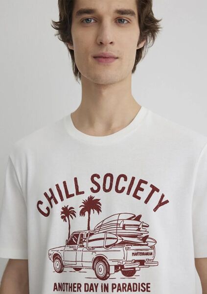 MAVİ CHILL SOCIETY TİŞÖRT AÇIK EKRU ERKEK GRAFİK T-SHIRT