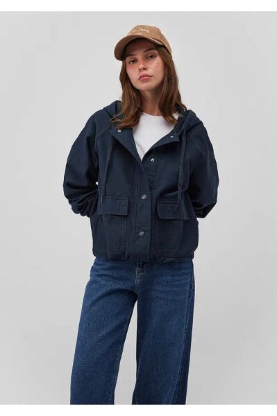 MAVİ KAPÜŞONLU CEKET KADIN FERMUARLI CEKET