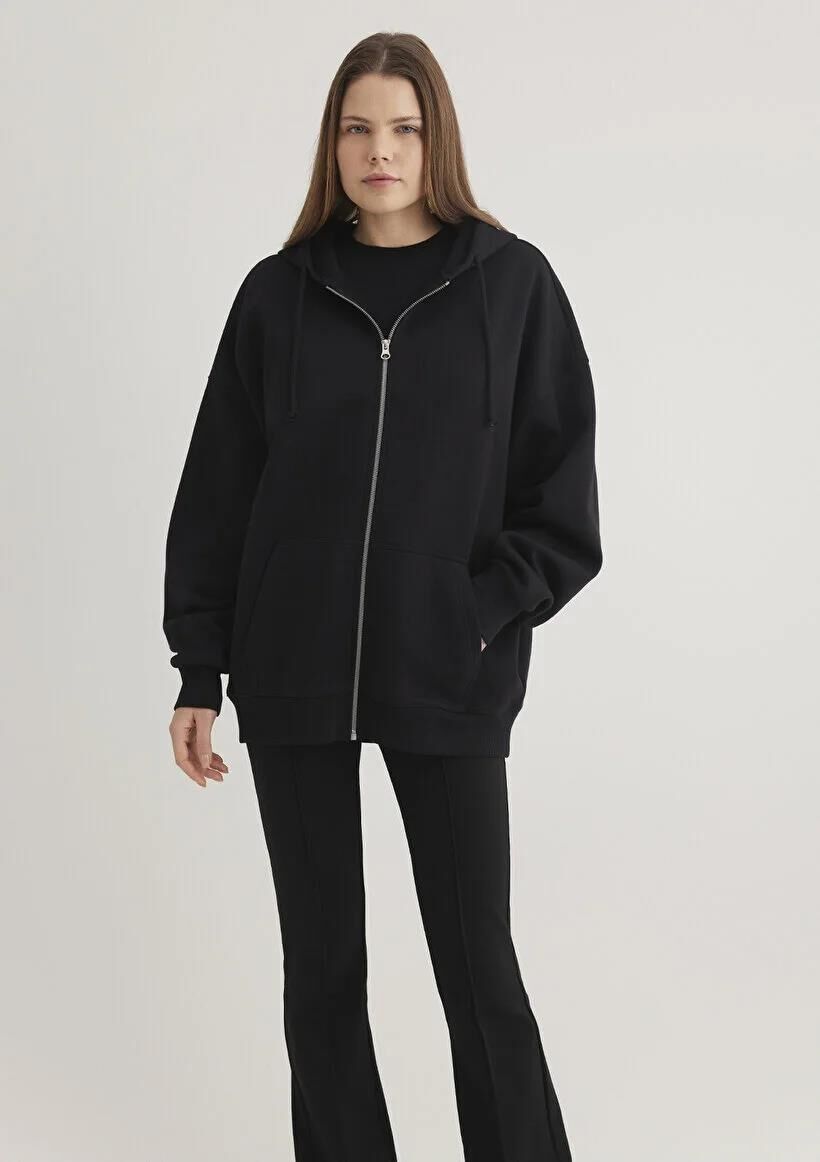 MAVİ FERMUARLI KAPÜŞONLU SWEATSHIRT KADIN SWEATSHIRT