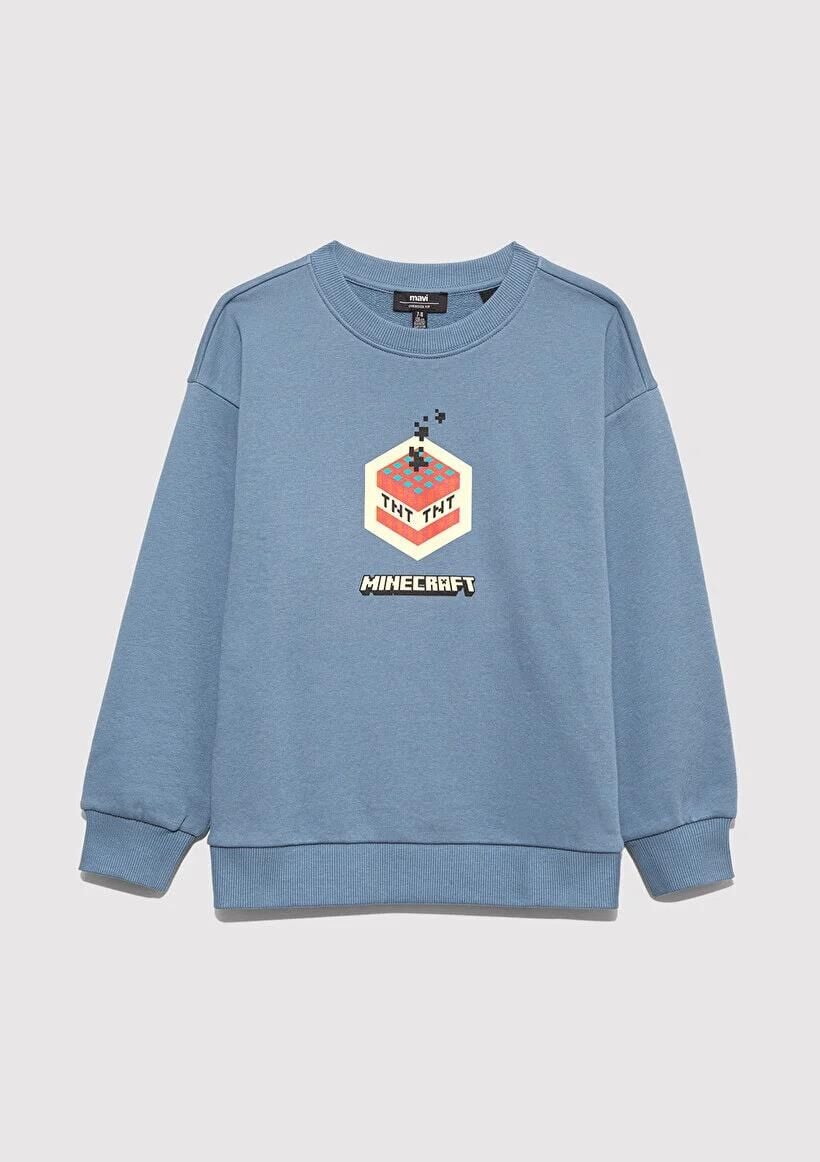 MAVİ MINECRAFT BASKILI KAPÜŞONLU ERKEK ÇOCUK 0 YAKA SWEATSHIRT