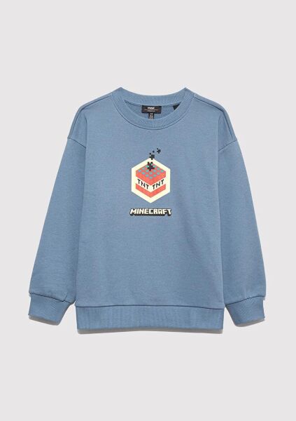 MAVİ MINECRAFT BASKILI KAPÜŞONLU ERKEK ÇOCUK 0 YAKA SWEATSHIRT