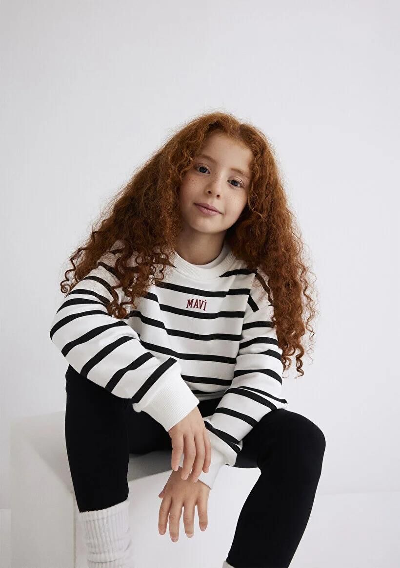 MAVİ LOGO BASKILI ÇİZGİLİ SWEATSHIRT KIZ ÇOCUKS 0 YAKA SWEATSHIRT