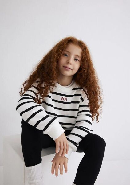 MAVİ LOGO BASKILI ÇİZGİLİ KIZ ÇOCUK 0 YAKA SWEATSHIRT