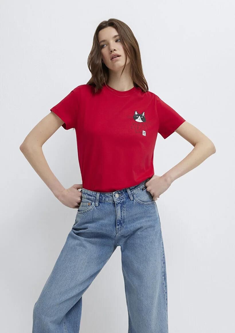 MAVİ KEDİ BASKILI KADIN GRAFİK T-SHIRT