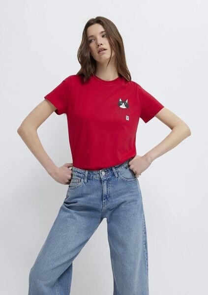 MAVİ KEDİ BASKILI KADIN GRAFİK T-SHIRT