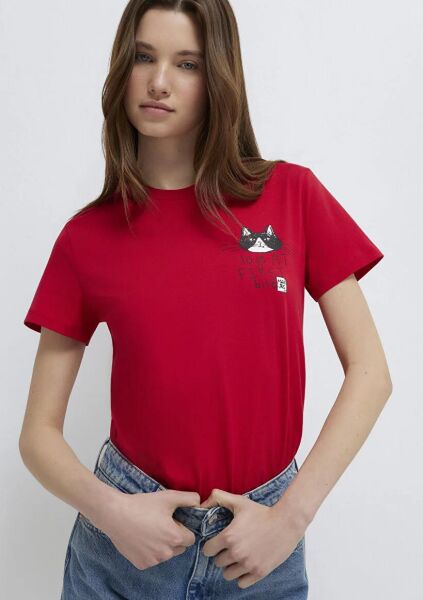 MAVİ KEDİ BASKILI KADIN GRAFİK T-SHIRT