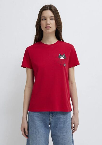 MAVİ KEDİ BASKILI KADIN GRAFİK T-SHIRT