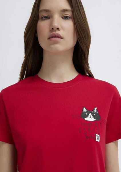 MAVİ KEDİ BASKILI KADIN GRAFİK T-SHIRT