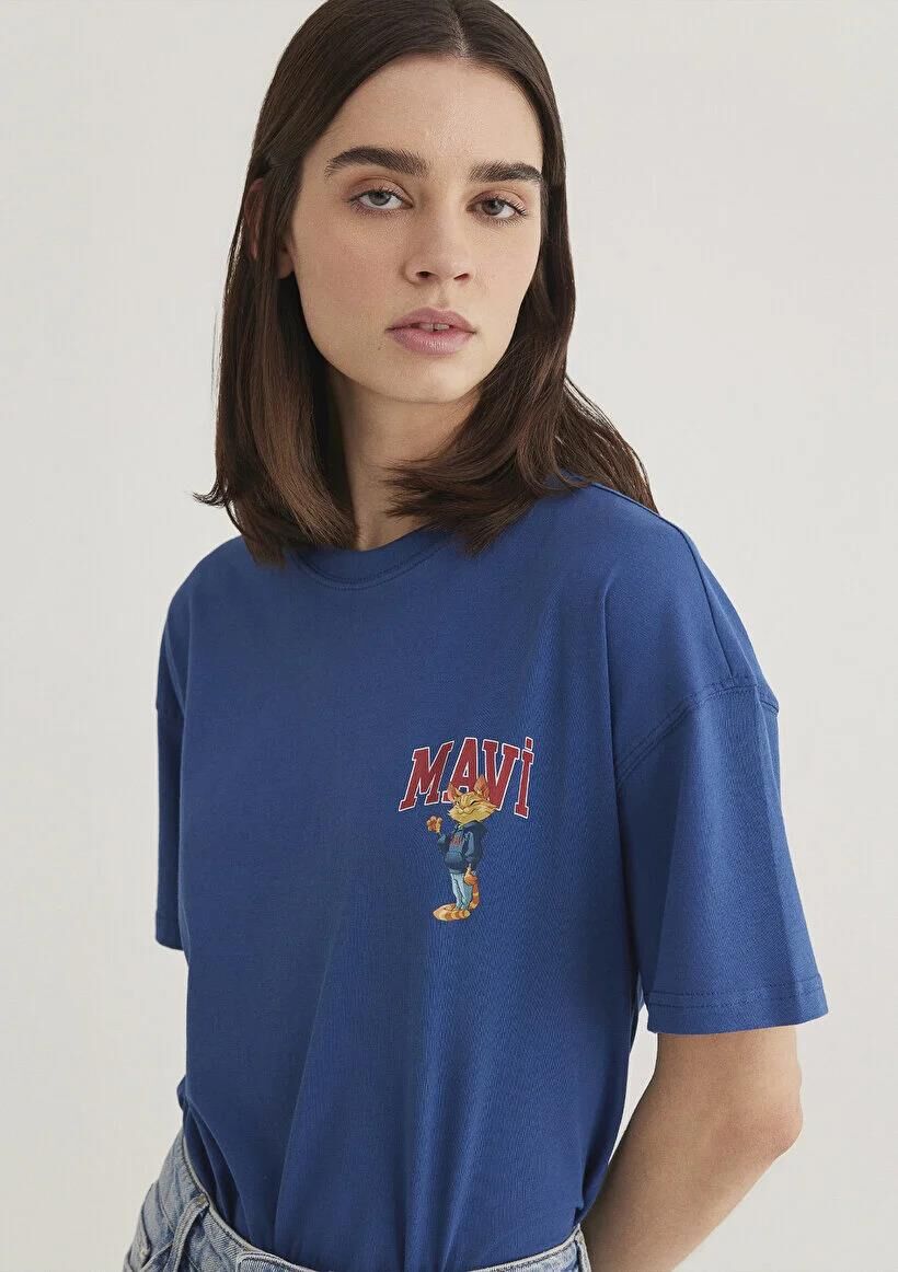 MAVİ KEDİ LOGO BASKILI TİŞÖRT KADIN LOGO T-SHIRT