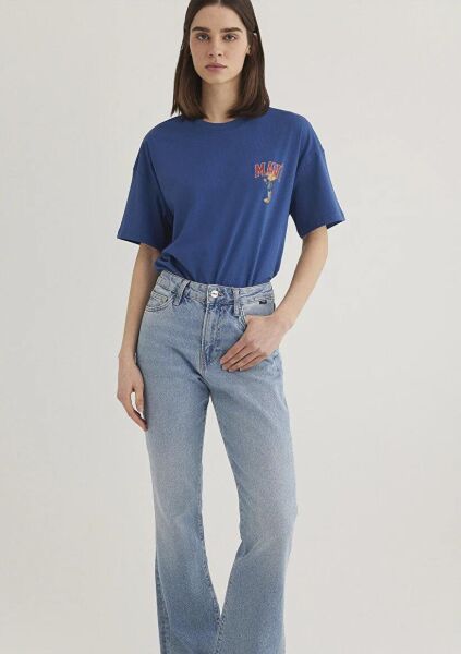 MAVİ KEDİ LOGO BASKILI TİŞÖRT KADIN LOGO T-SHIRT