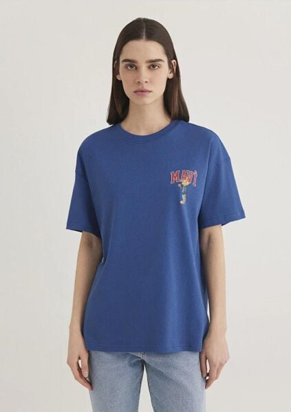 MAVİ KEDİ LOGO BASKILI TİŞÖRT KADIN LOGO T-SHIRT