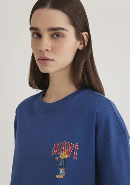 MAVİ KEDİ LOGO BASKILI TİŞÖRT KADIN LOGO T-SHIRT