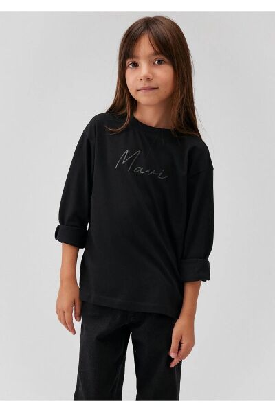 MAVİ MAVİ LOGO BASKILI UZUN KOL TİŞÖRT KIZ ÇOCUK LOGO T-SHIRT