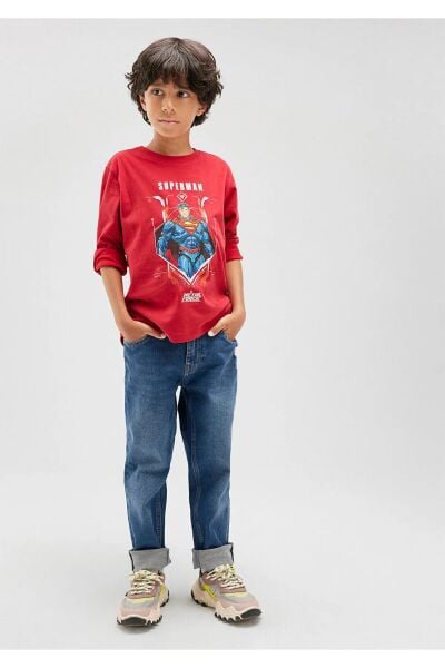 MAVİ SUPERMAN BASKILI UZUN KOL TİŞÖRT ERKEK ÇOCUK PROJE, LİSANS T-SHIRT
