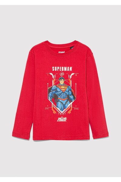 MAVİ SUPERMAN BASKILI UZUN KOL TİŞÖRT ERKEK ÇOCUK PROJE, LİSANS T-SHIRT