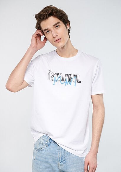 MAVİ İSTANBUL BASKILI TİŞÖRT ERKEK GRAFİK T-SHIRT