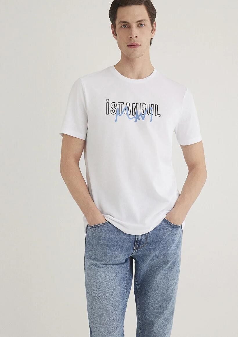 MAVİ İSTANBUL BASKILI ERKEK GRAFİK T-SHIRT