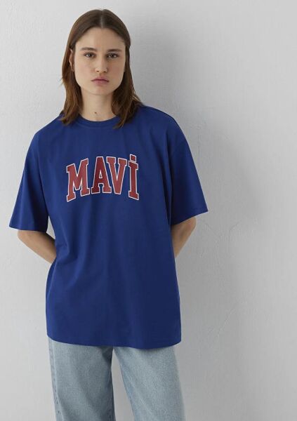 MAVİ BASKILI TİŞÖRT KADIN LOGO T-SHIRT