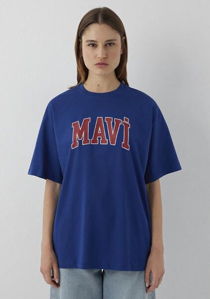 MAVİ BASKILI TİŞÖRT KADIN LOGO T-SHIRT