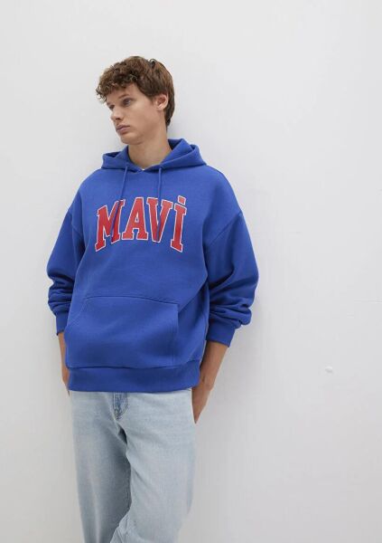 MAVİ BASKILI ERKEK KAPÜŞONLU SWEATSHIRT
