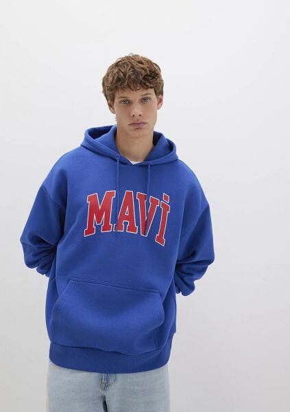 MAVİ BASKILI ERKEK KAPÜŞONLU SWEATSHIRT