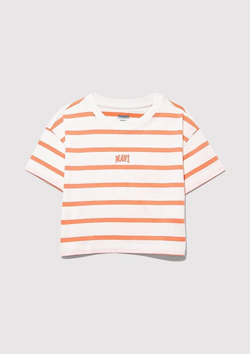 MAVİ MAVİ LOGO BASKILI ÇİZGİLİ CROP TİŞÖRT KIZ ÇOCUK LOGO T-SHIRT