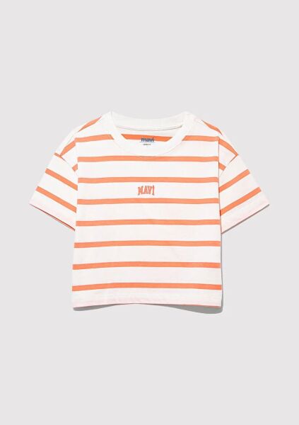 MAVİ MAVİ LOGO BASKILI ÇİZGİLİ CROP TİŞÖRT KIZ ÇOCUK LOGO T-SHIRT
