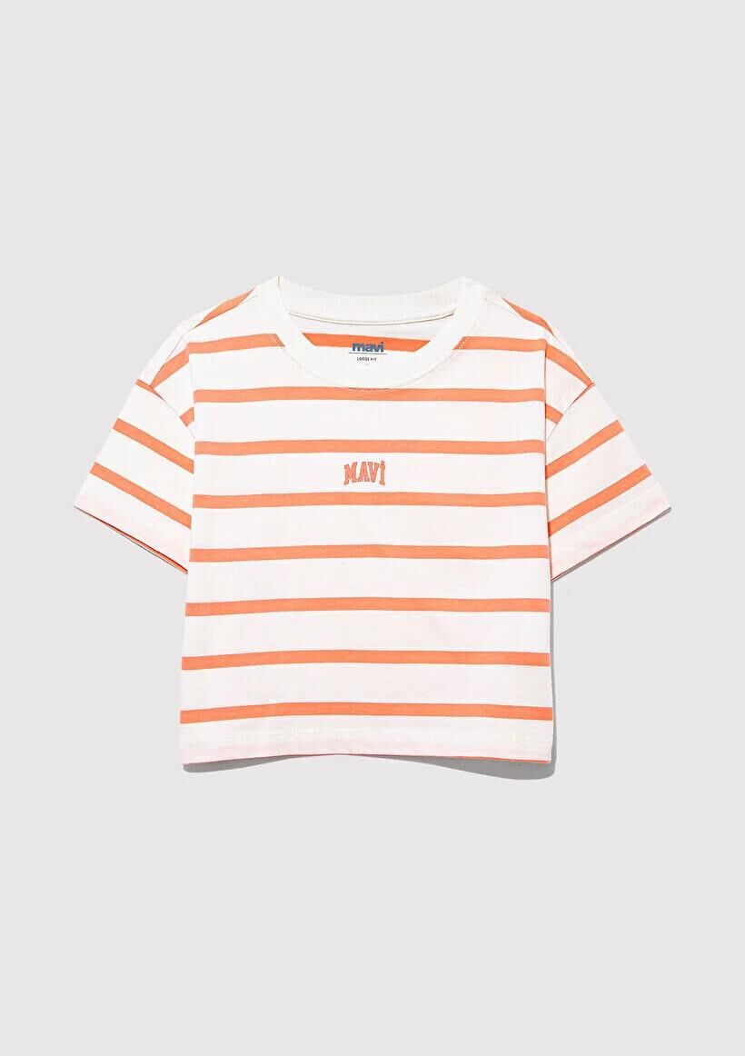 MAVİ LOGO BASKILI ÇİZGİLİ CROP KIZ ÇOCUK LOGO T-SHIRT