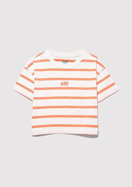 MAVİ LOGO BASKILI ÇİZGİLİ CROP TİŞÖRT KIZ ÇOCUK LOGO T-SHIRT