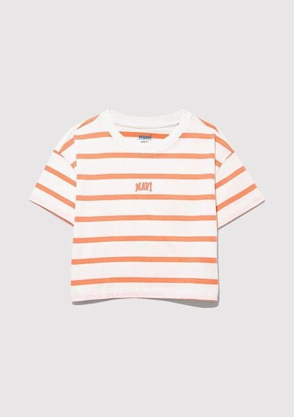 MAVİ LOGO BASKILI ÇİZGİLİ CROP KIZ ÇOCUK LOGO T-SHIRT