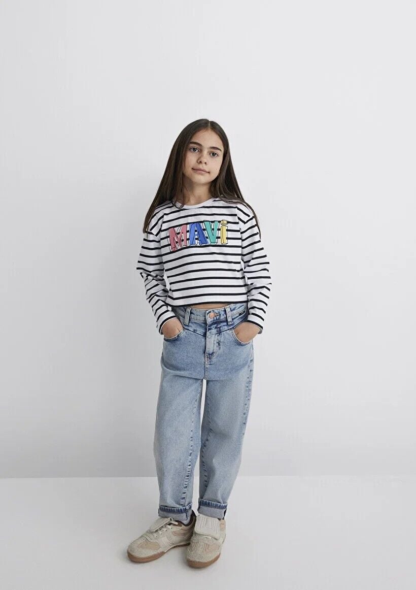MAVİ MAVİ BASKILI ÇİZGİLİ CROP UK LOGO TİŞÖRT KIZ ÇOCUK LOGO T-SHIRT