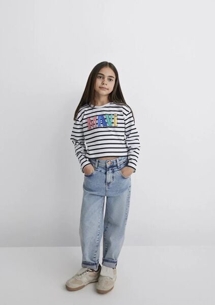 MAVİ MAVİ BASKILI ÇİZGİLİ CROP UK LOGO TİŞÖRT KIZ ÇOCUK LOGO T-SHIRT