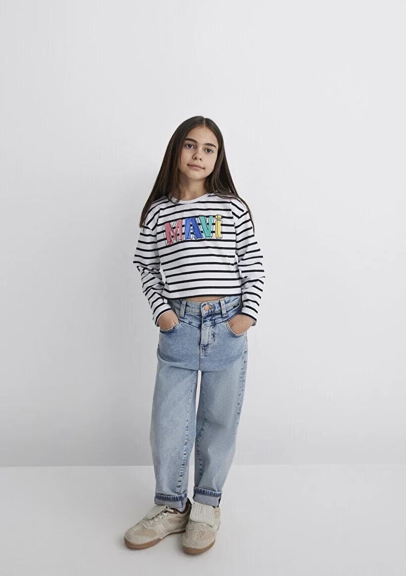 MAVİ BASKILI ÇİZGİLİ CROP UK LOGO TİŞÖRT KIZ ÇOCUK LOGO T-SHIRT