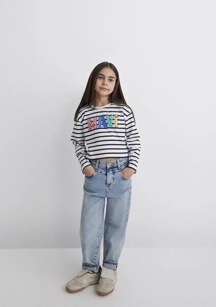 MAVİ BASKILI ÇİZGİLİ CROP UK LOGO KIZ ÇOCUK LOGO T-SHIRT